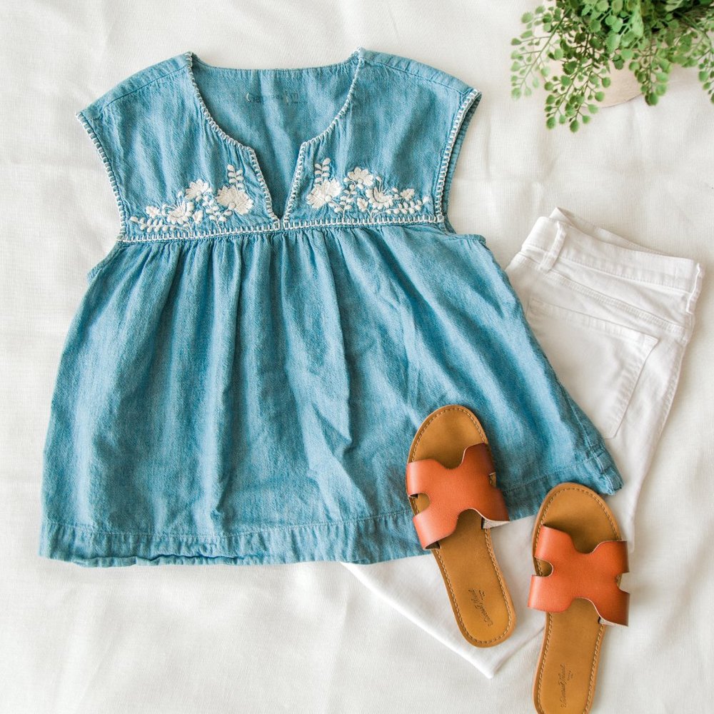 Denim Babydoll Embroidered Top